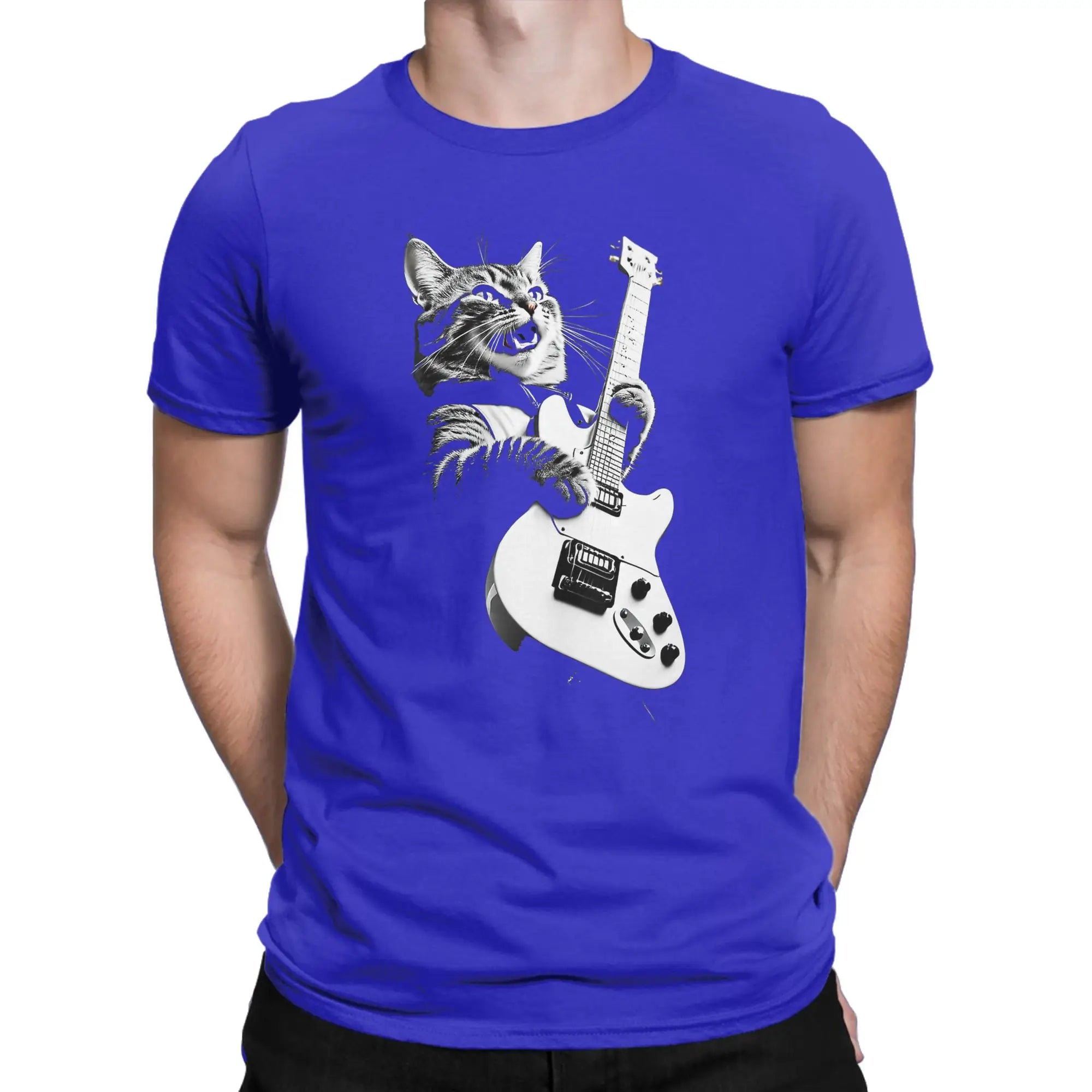 Men T-Shirts Cat Guitar  Leisure 100% Cotton Tee Shirt Short Sleeve  T Shirts Crew Neck Tops Printing