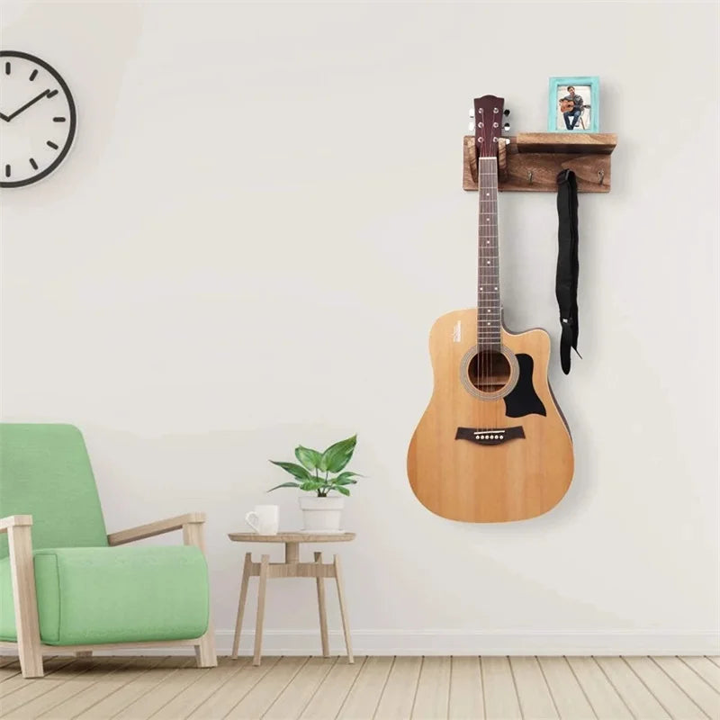 Rustic Guitar Wall Hanger with 3-Hook Shelf — Display Stand for Acoustic, Electric & Bass