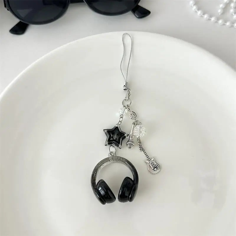 Glitter Earphone-shaped Keychain Cute Star Guitar Microphone Pendant Phone Chain Lanyard Girly Backpack Charms Bag Hanging Gifts