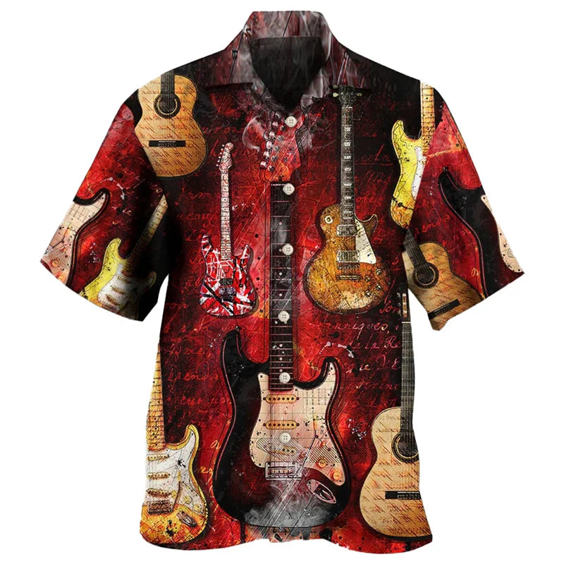 Guitar Music Graphic Hawaiian Shirt For Men Musical Instrument 3D Print Blouse Casual Short Sleeve Lapel Tops Loose Aloha Shirts
