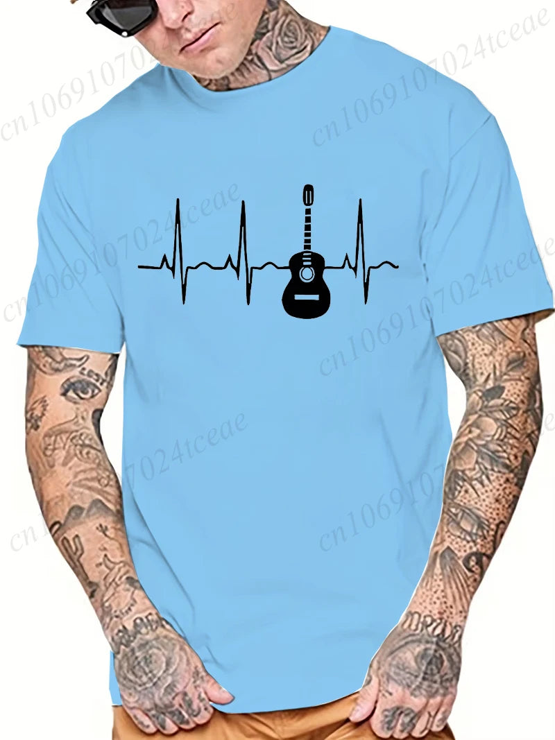 Guitar Heartbeat Men T Shirt Fashion Men's Clothing Summer Round Neck Breathable Casual Short Sleeve Fashion Tee T-Shirt Top