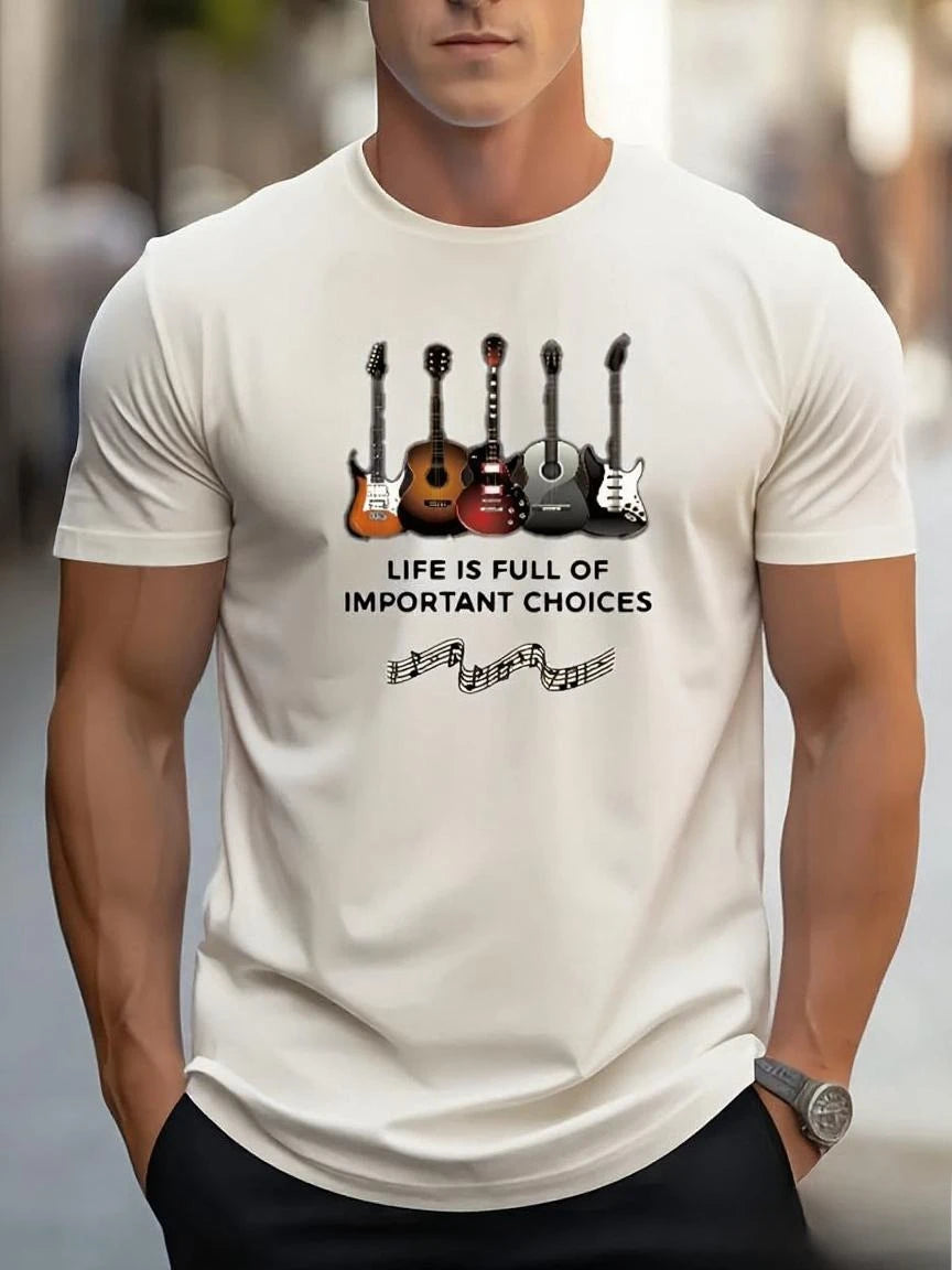 Men's Fashion Printed Guitar and Note Patterns and Letter Printed Round-neck Short-sleeved Casual T-shirt