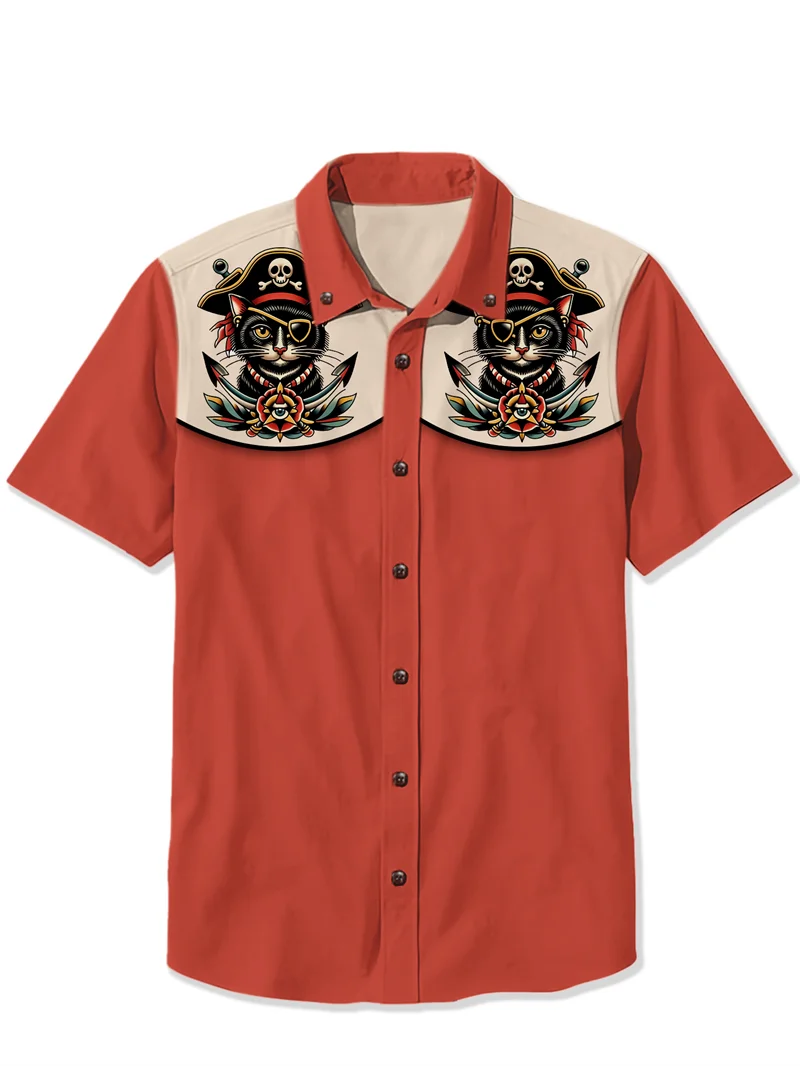 Cowboy Guitar Shirt Punk Face Men Hawaiian Shirt Summer Short Sleeved Button Up Shirt Tropical White Top chemise hommes de luxe