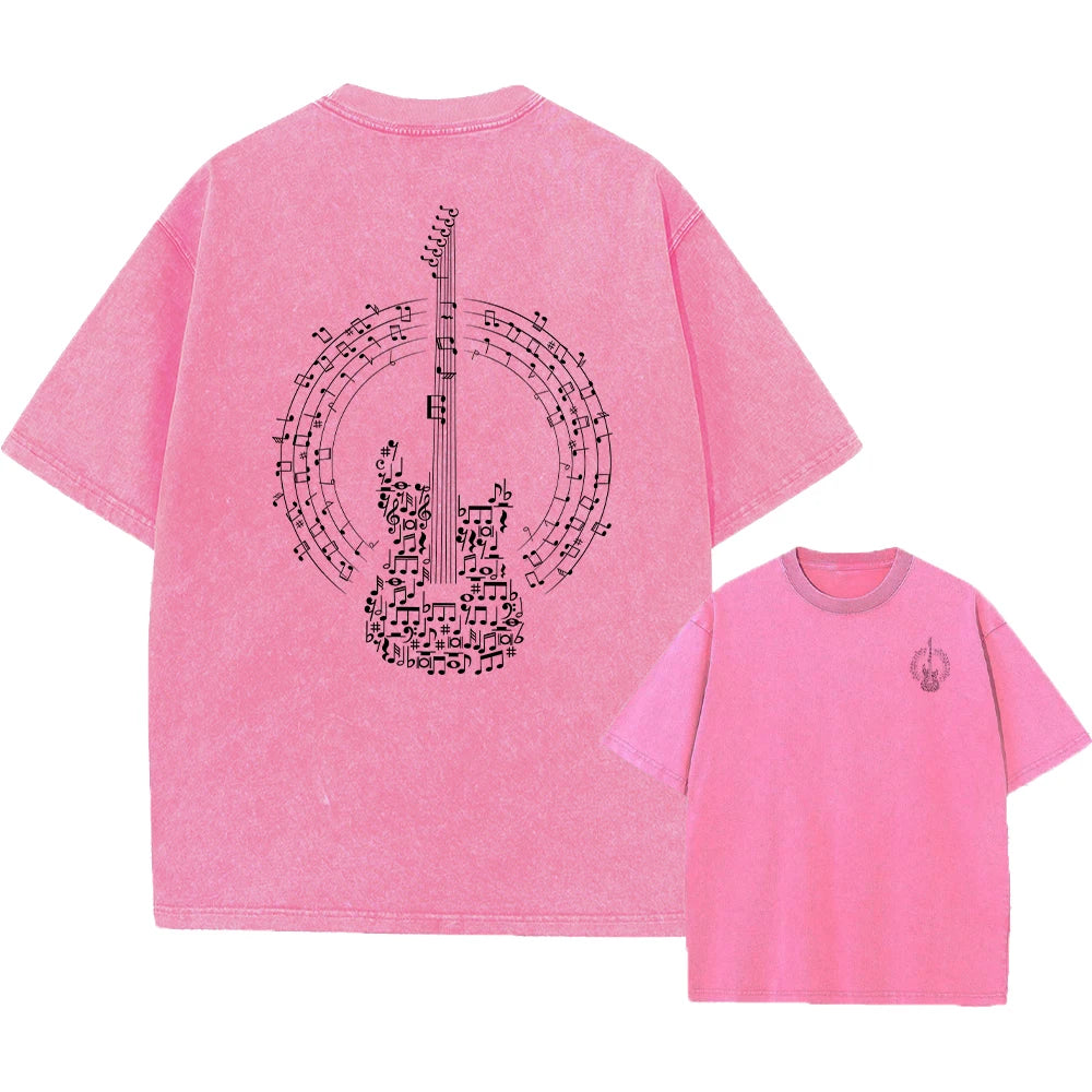 Men's Fun Guitar Print Washed T Shirt Comfortable And Breathable Summer Street Style Fitness Training Pure Cotton Short Sleeve