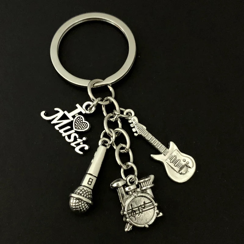Classic Music Alloy Keychain – Guitar, Drum & Microphone Charm