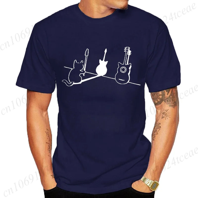 T Shirt for Women Men Cat and Guitar Funny Design Tops Soft Unisex O-neck T-shirts Clothes T-Shirts Women Tops Fashion T-Shirts