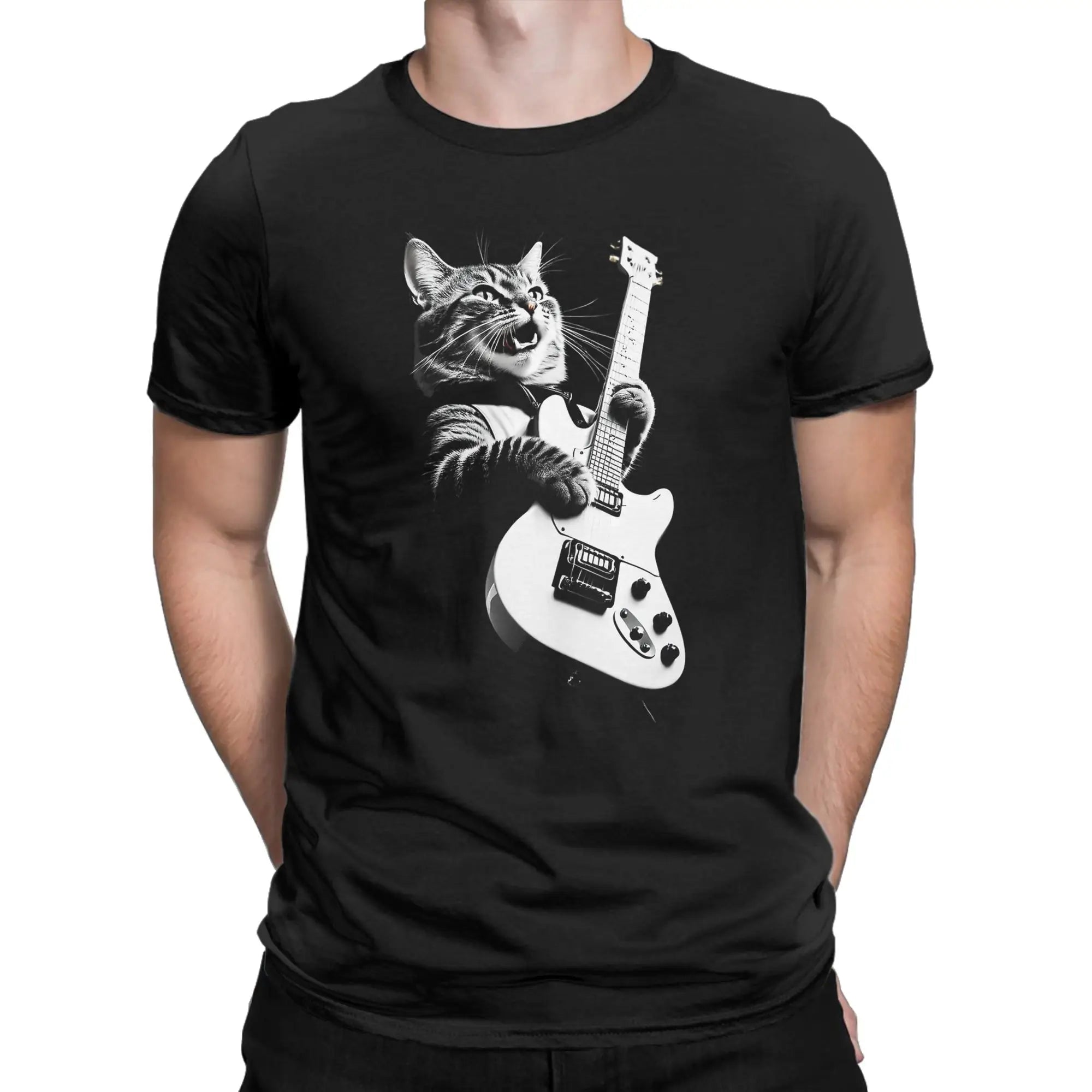 Men T-Shirts Cat Guitar  Leisure 100% Cotton Tee Shirt Short Sleeve  T Shirts Crew Neck Tops Printing