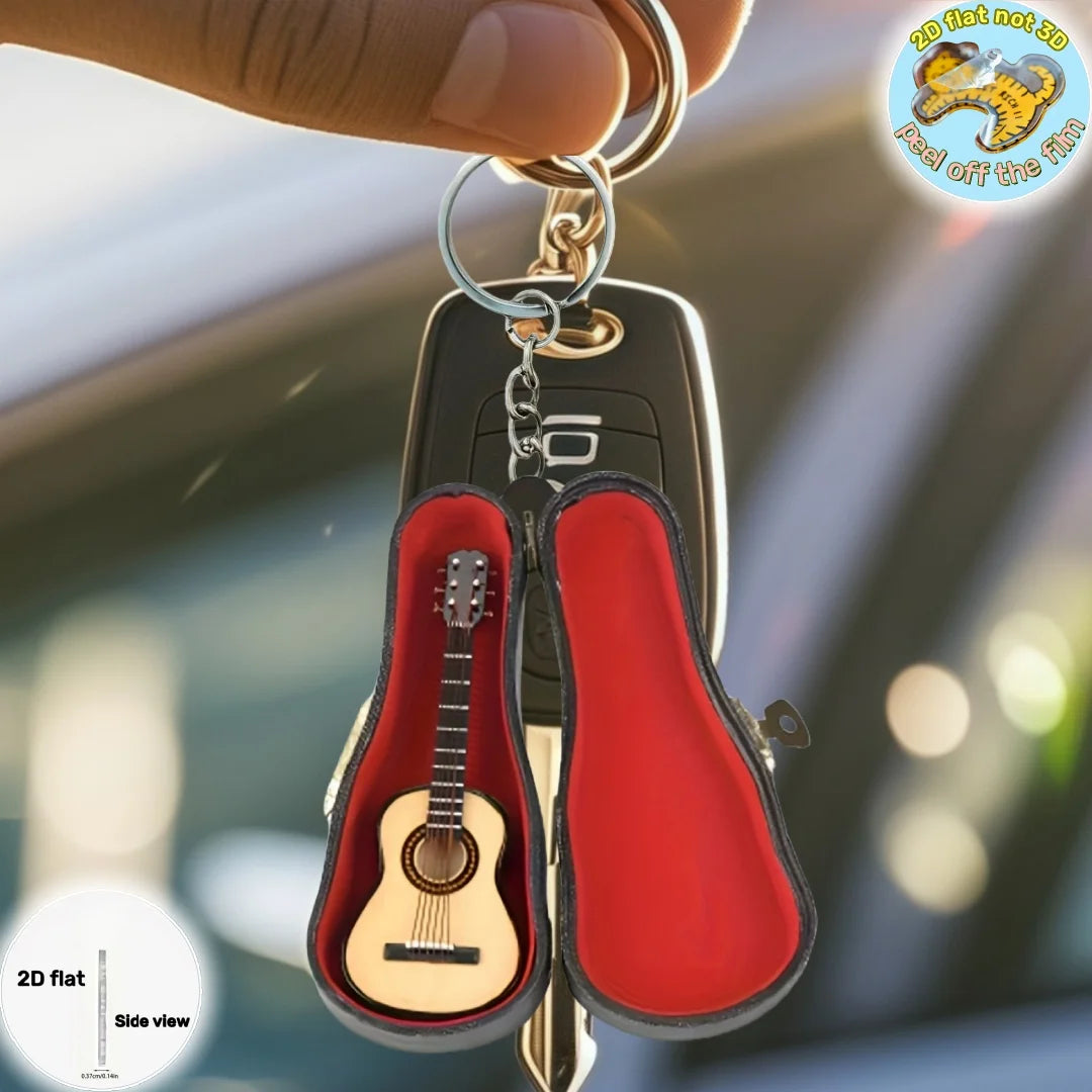 Acoustic Guitar Keychain with Case, 2D Acrylic Music Ornament for Car, Bag & Gifts