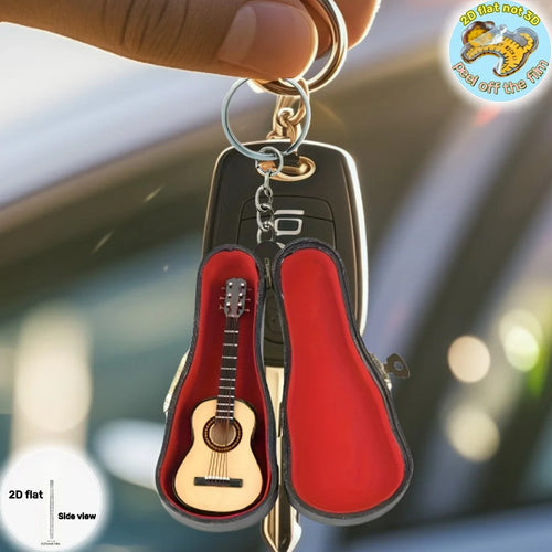Acoustic Guitar Keychain with Case, 2D Acrylic Music Ornament for Car, Bag & Gifts