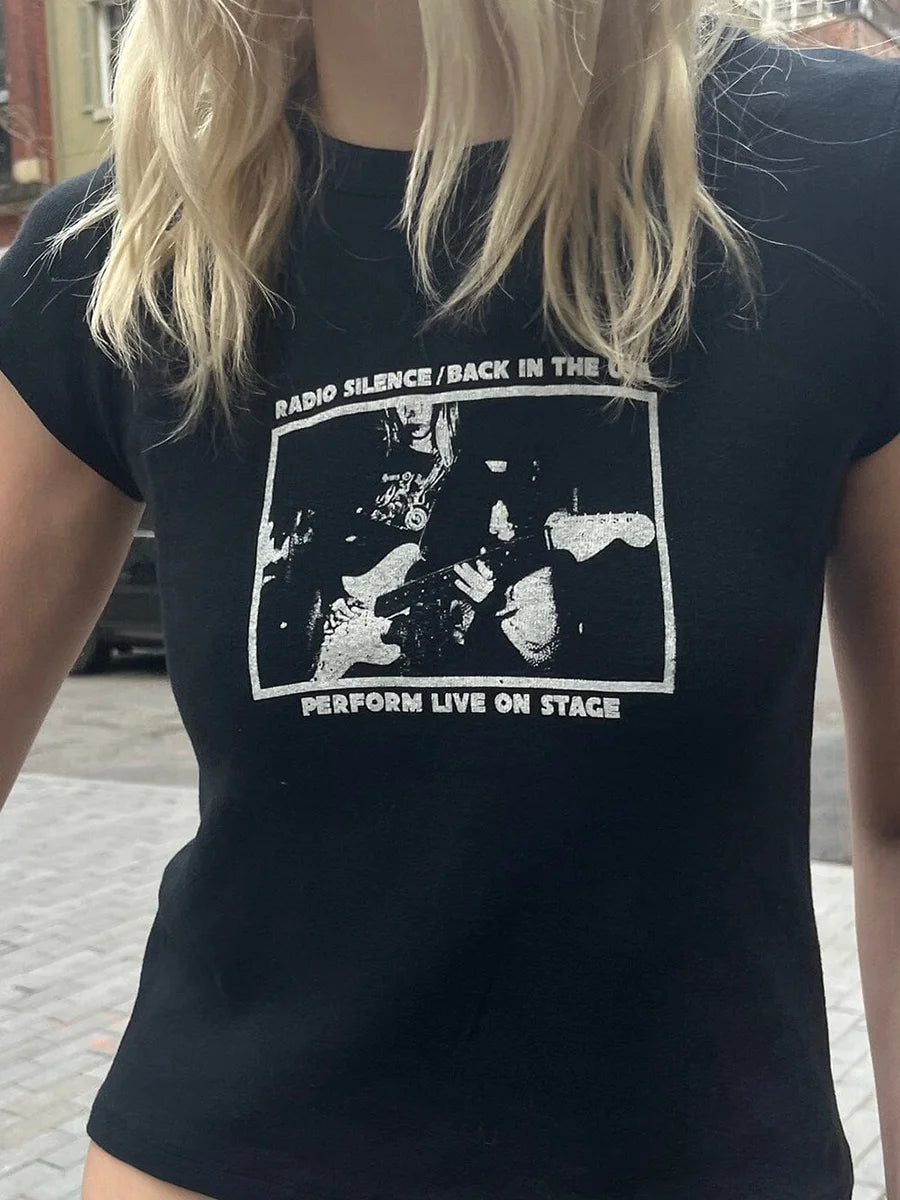 Guitar Band Print T-Shirts Round Neck Short Sleeve Vintage t shirt for Woman Summer Harajuku Streetwear Cotton Y2k Tops Clothing