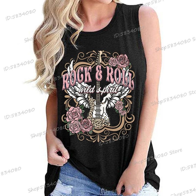 Rock Roll Wild T-shirts Vintage Style Rose Guitar Shirt New Summer Fashion O-Neck Tshirt Music Lover women Sleeveless Tanks Tops