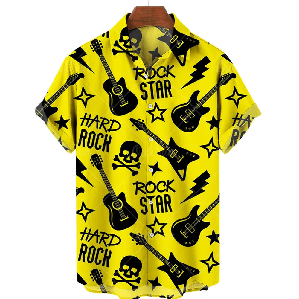 Hawaiian Shirt With Musical Guitar Print For Men, Party Short Sleeve Beach, Hip Hop, Harajuku, Large Size Top
