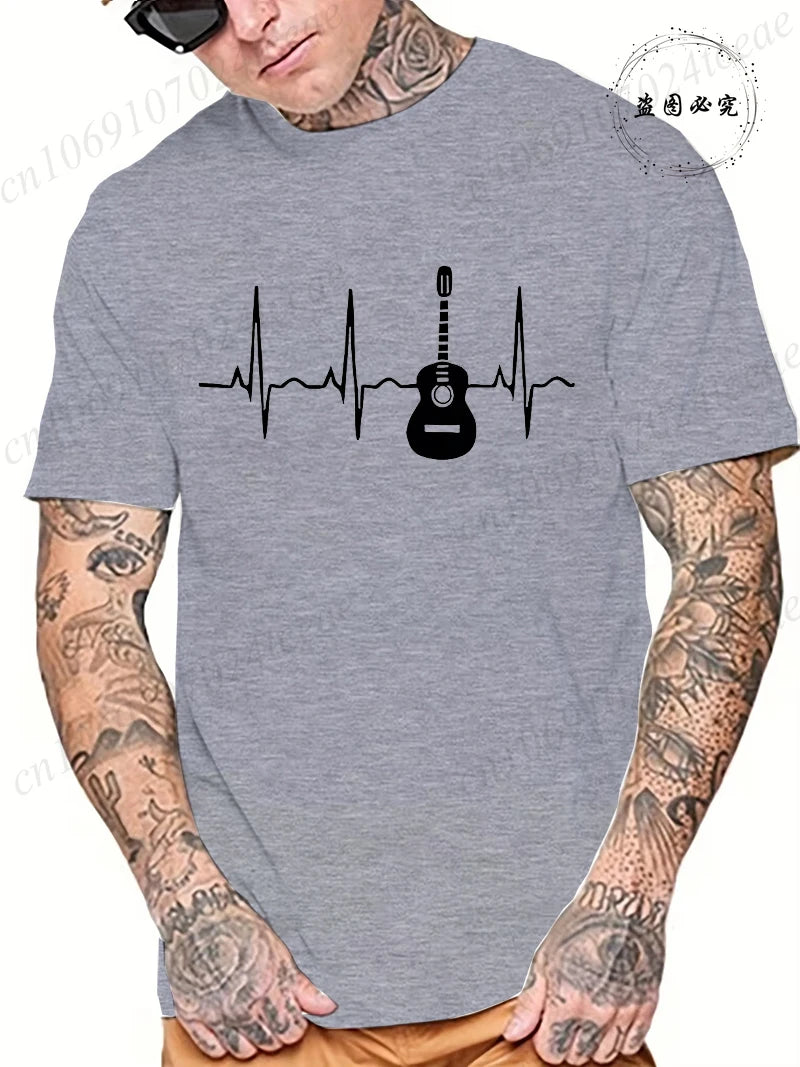 Guitar Heartbeat Men T Shirt Fashion Men's Clothing Summer Round Neck Breathable Casual Short Sleeve Fashion Tee T-Shirt Top