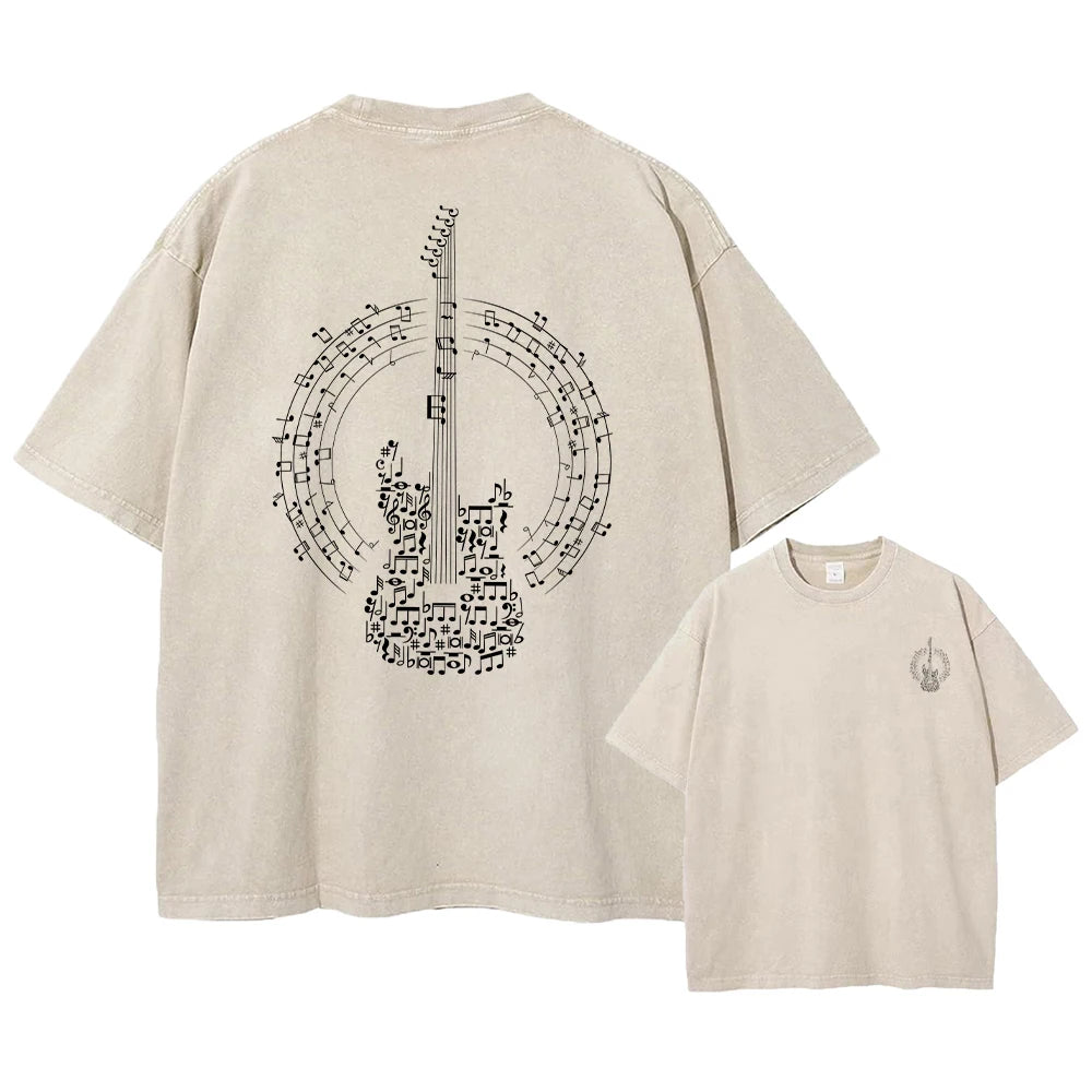 Men's Fun Guitar Print Washed T Shirt Comfortable And Breathable Summer Street Style Fitness Training Pure Cotton Short Sleeve