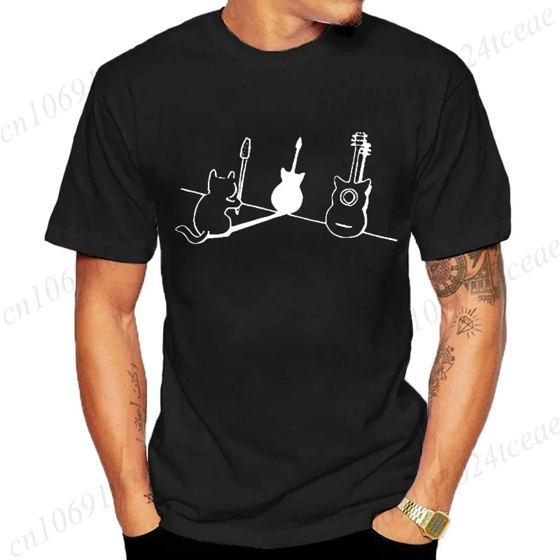 T Shirt for Women Men Cat and Guitar Funny Design Tops Soft Unisex O-neck T-shirts Clothes T-Shirts Women Tops Fashion T-Shirts