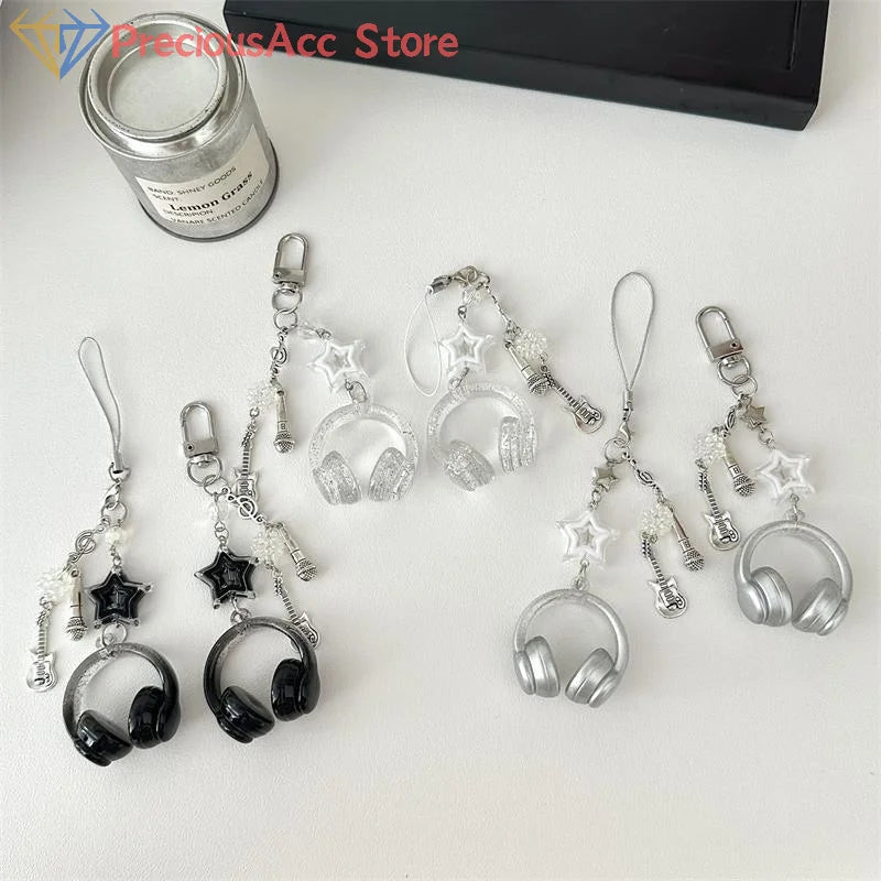 Glitter Earphone-shaped Keychain Cute Star Guitar Microphone Pendant Phone Chain Lanyard Girly Backpack Charms Bag Hanging Gifts