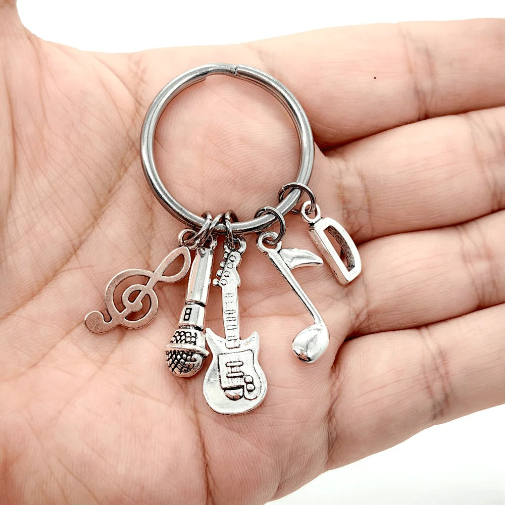 Initial Letter Music Keychain – Guitar & Microphone Rock Charm
