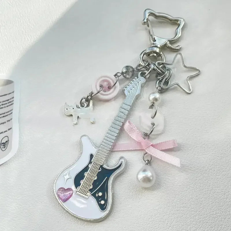 Y2K Guitar Cat Keychain – Punk Pentagram Bow Charm Bag Accessory