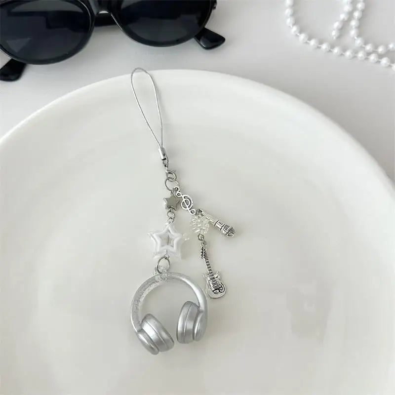 Glitter Earphone-shaped Keychain Cute Star Guitar Microphone Pendant Phone Chain Lanyard Girly Backpack Charms Bag Hanging Gifts