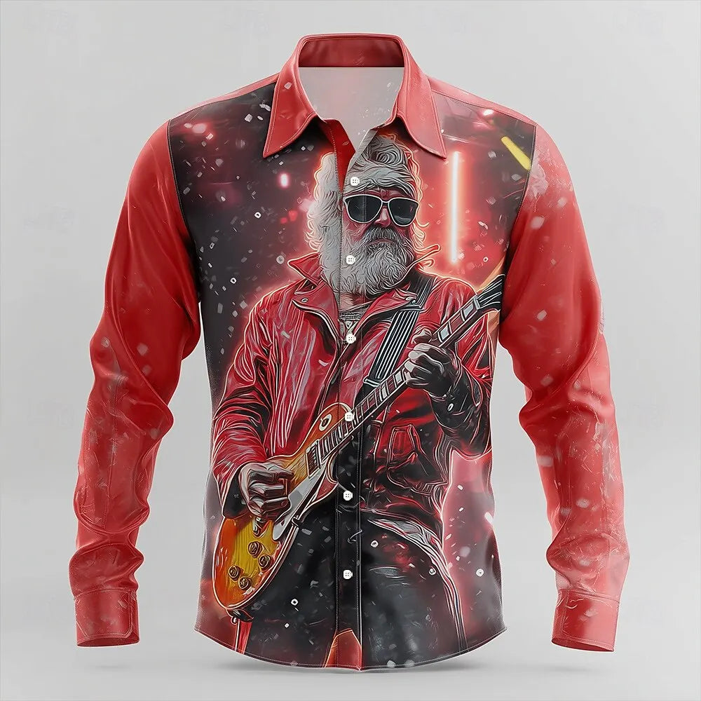 Christmas Men's Santa Claus Rock Guitar Shirt Button Up Shirt Long Sleeve Funny Christmas Gifts Spring 3D Print Collared Shirts