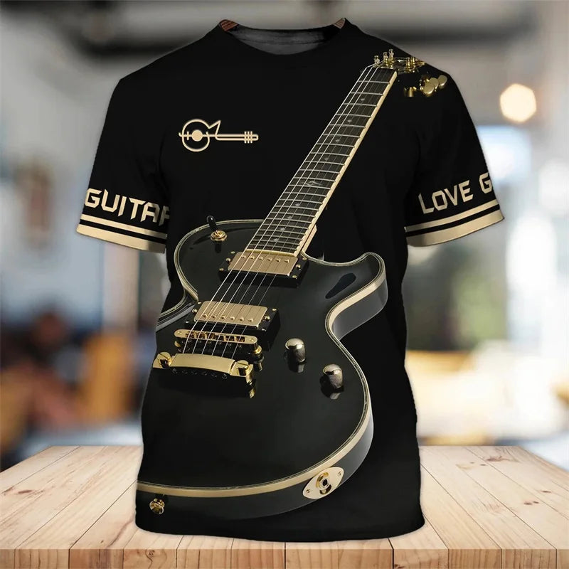 3D Printed Art Guitar T-Shirt For Men Musical Instrument Pattern T Shirts Summer Casual Tees Round Neck Tops Loose Short Sleeves