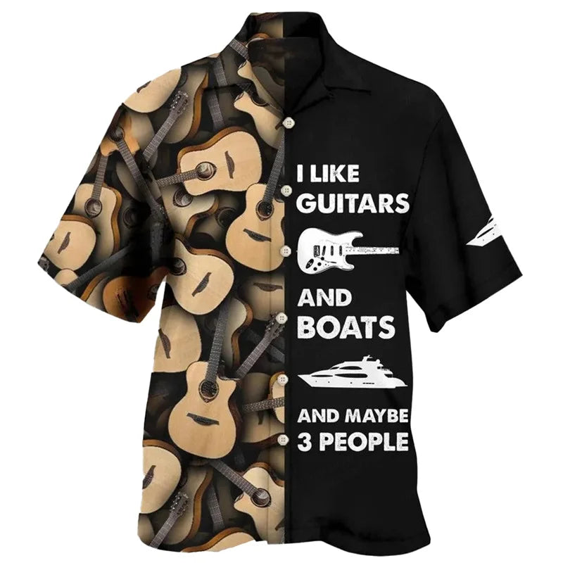 Guitar Music Graphic Hawaiian Shirt For Men Musical Instrument 3D Print Blouse Casual Short Sleeve Lapel Tops Loose Aloha Shirts