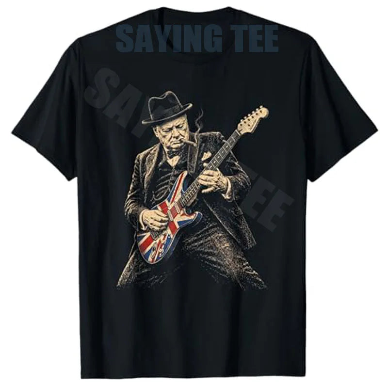 Winston Churchill Playing Guitar Rocker Humor Vintage T-Shirt Y2k Rock Punk Fun Graphic Streetwear Clothes Novelty Gift Cool Tee