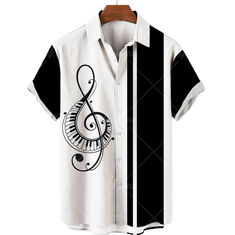 Hawaiian Shirt With Musical Guitar Print For Men, Party Short Sleeve Beach, Hip Hop, Harajuku, Large Size Top