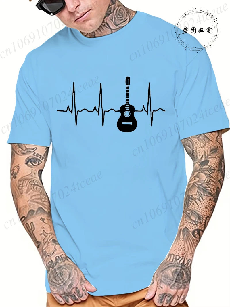 Guitar Heartbeat Men T Shirt Fashion Men's Clothing Summer Round Neck Breathable Casual Short Sleeve Fashion Tee T-Shirt Top