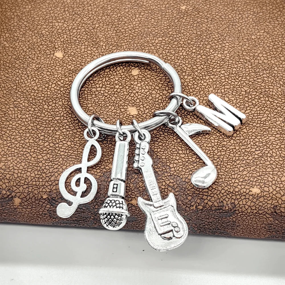 Initial Letter Music Keychain – Guitar & Microphone Rock Charm
