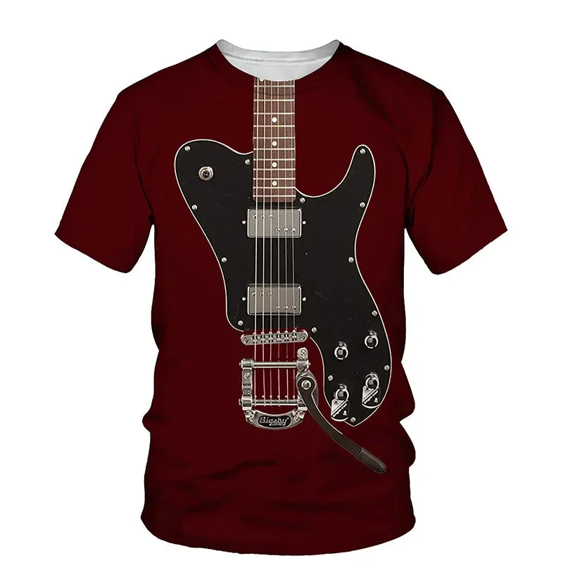 3D Printed Art Guitar T-Shirt For Men Musical Instrument Pattern T Shirts Summer Casual Tees Round Neck Tops Loose Short Sleeves