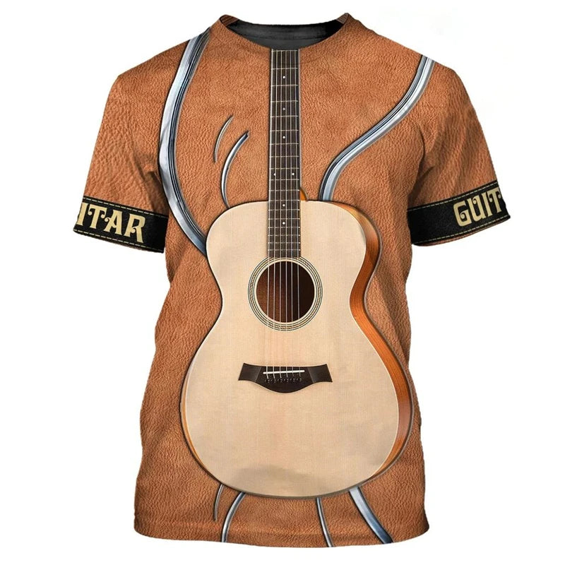 Vintage Guitar 3D Print Tshirt Mens Funny Designer Clothes Summer New Fashion T-shirt Kids Round Neck Short Sleeve Tees Tops