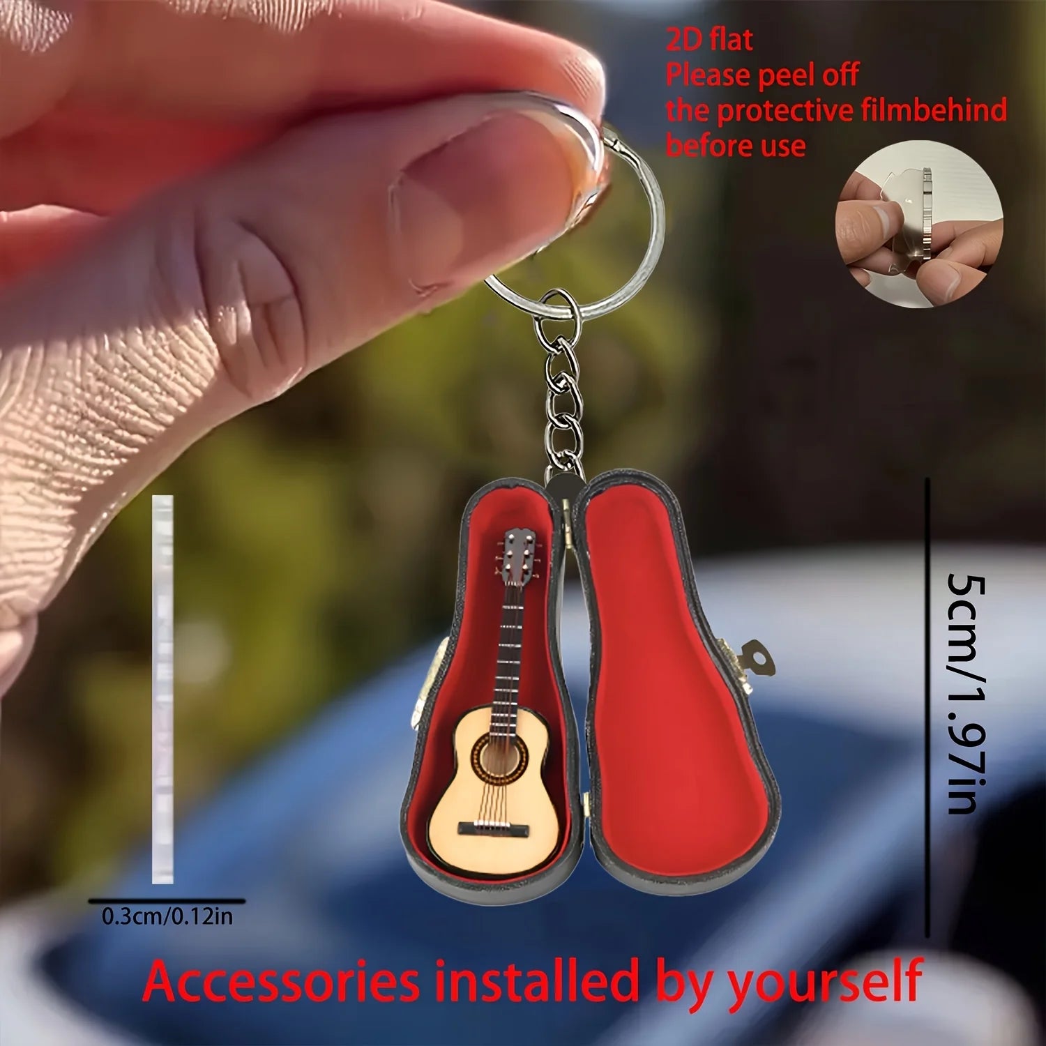 Acoustic Guitar Keychain with Case, 2D Acrylic Music Ornament for Car, Bag & Gifts