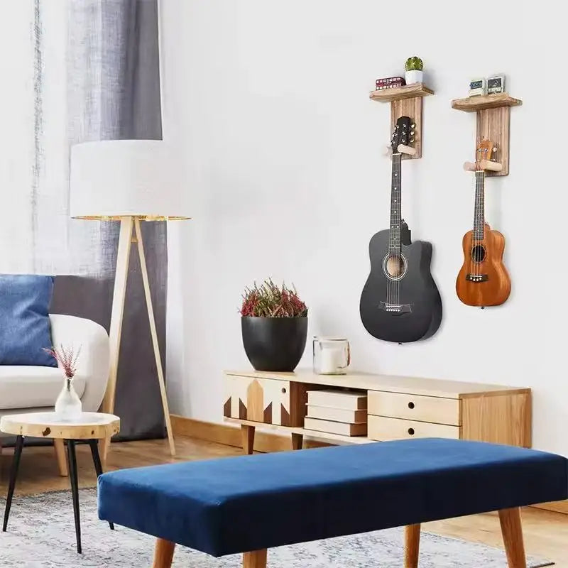 Wood Guitar Wall Hanger with Shelf & Pick Holder — Fits Acoustic, Electric & Bass