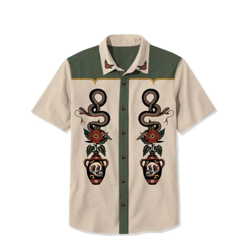 Cowboy Guitar Shirt Punk Face Men Hawaiian Shirt Summer Short Sleeved Button Up Shirt Tropical White Top chemise hommes de luxe