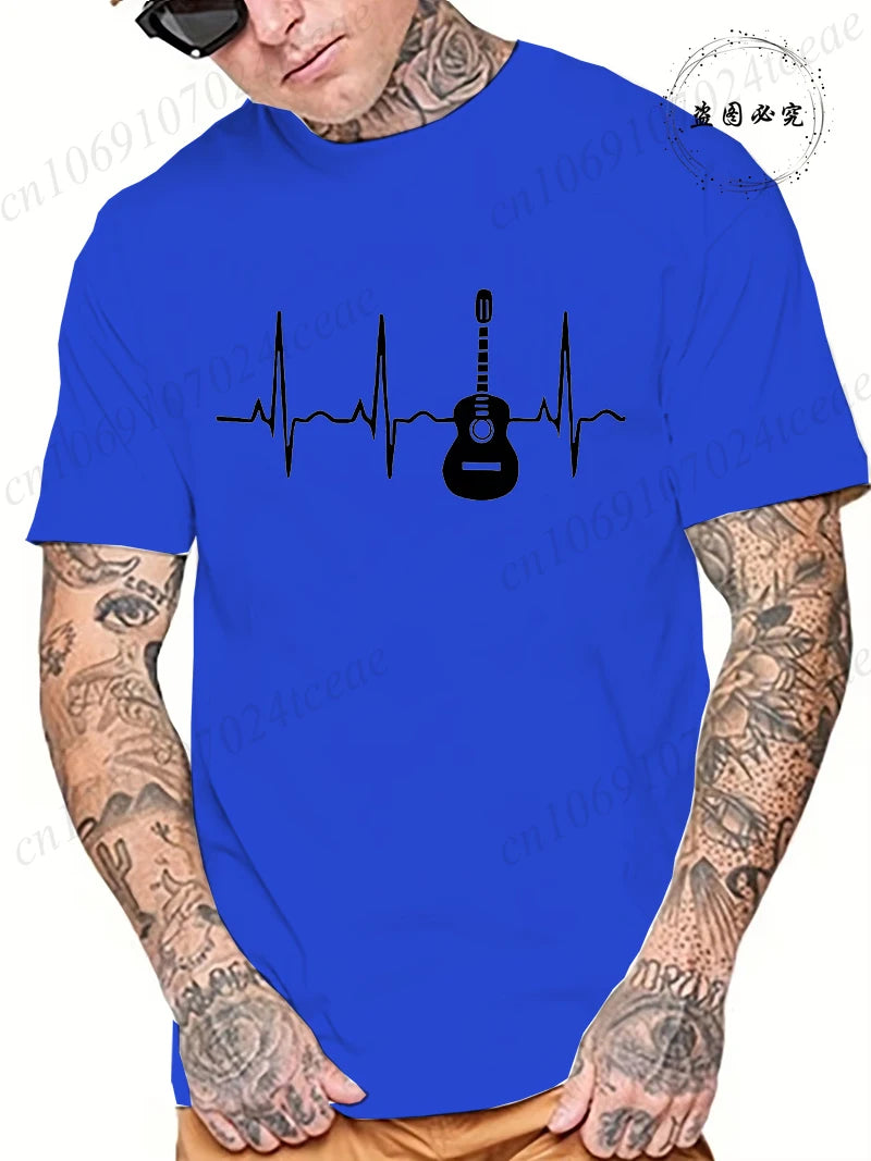 Guitar Heartbeat Men T Shirt Fashion Men's Clothing Summer Round Neck Breathable Casual Short Sleeve Fashion Tee T-Shirt Top