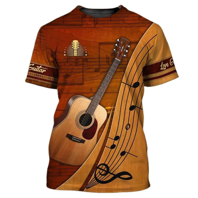 Vintage Guitar 3D Print Tshirt Mens Funny Designer Clothes Summer New Fashion T-shirt Kids Round Neck Short Sleeve Tees Tops