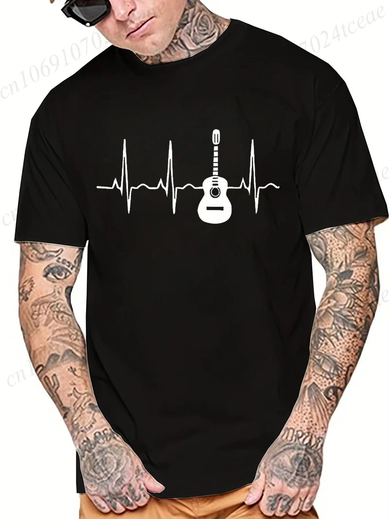 Guitar Heartbeat Men T Shirt Fashion Men's Clothing Summer Round Neck Breathable Casual Short Sleeve Fashion Tee T-Shirt Top