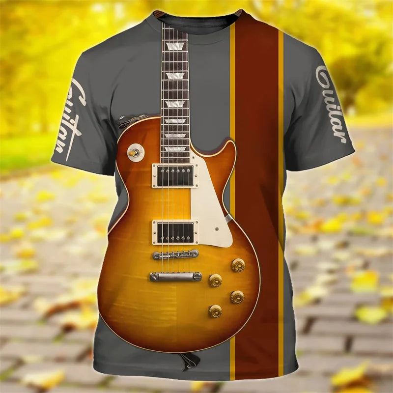 3D Printed Art Guitar T-Shirt For Men Musical Instrument Pattern T Shirts Summer Casual Tees Round Neck Tops Loose Short Sleeves