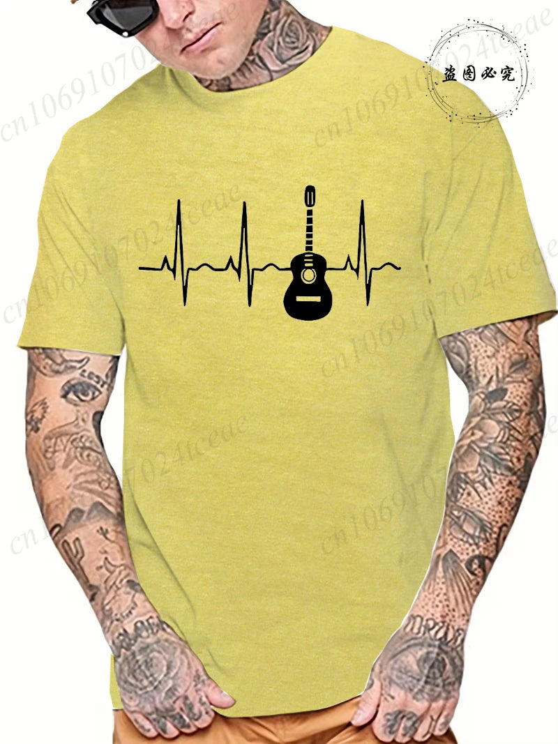 Guitar Heartbeat Men T Shirt Fashion Men's Clothing Summer Round Neck Breathable Casual Short Sleeve Fashion Tee T-Shirt Top