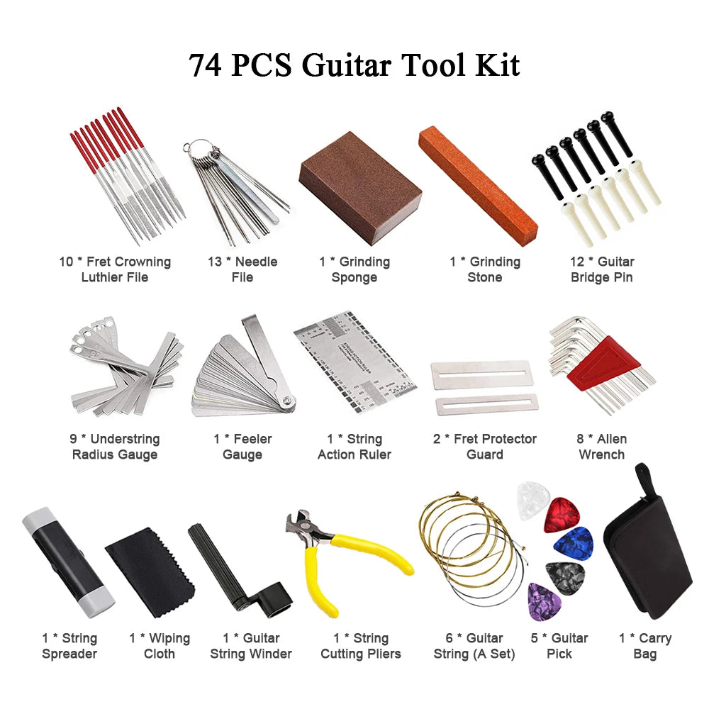 74-Piece Guitar Repair Tool Kit – Complete Setup Set with Carry Bag