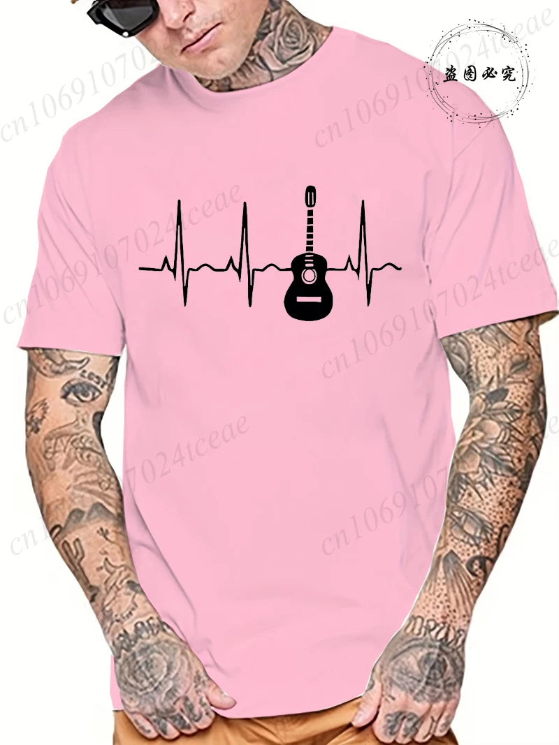 Guitar Heartbeat Men T Shirt Fashion Men's Clothing Summer Round Neck Breathable Casual Short Sleeve Fashion Tee T-Shirt Top