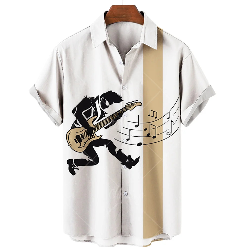 Hawaiian Shirt With Musical Guitar Print For Men, Party Short Sleeve Beach, Hip Hop, Harajuku, Large Size Top