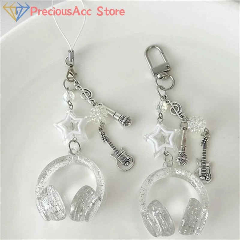 Glitter Earphone-shaped Keychain Cute Star Guitar Microphone Pendant Phone Chain Lanyard Girly Backpack Charms Bag Hanging Gifts