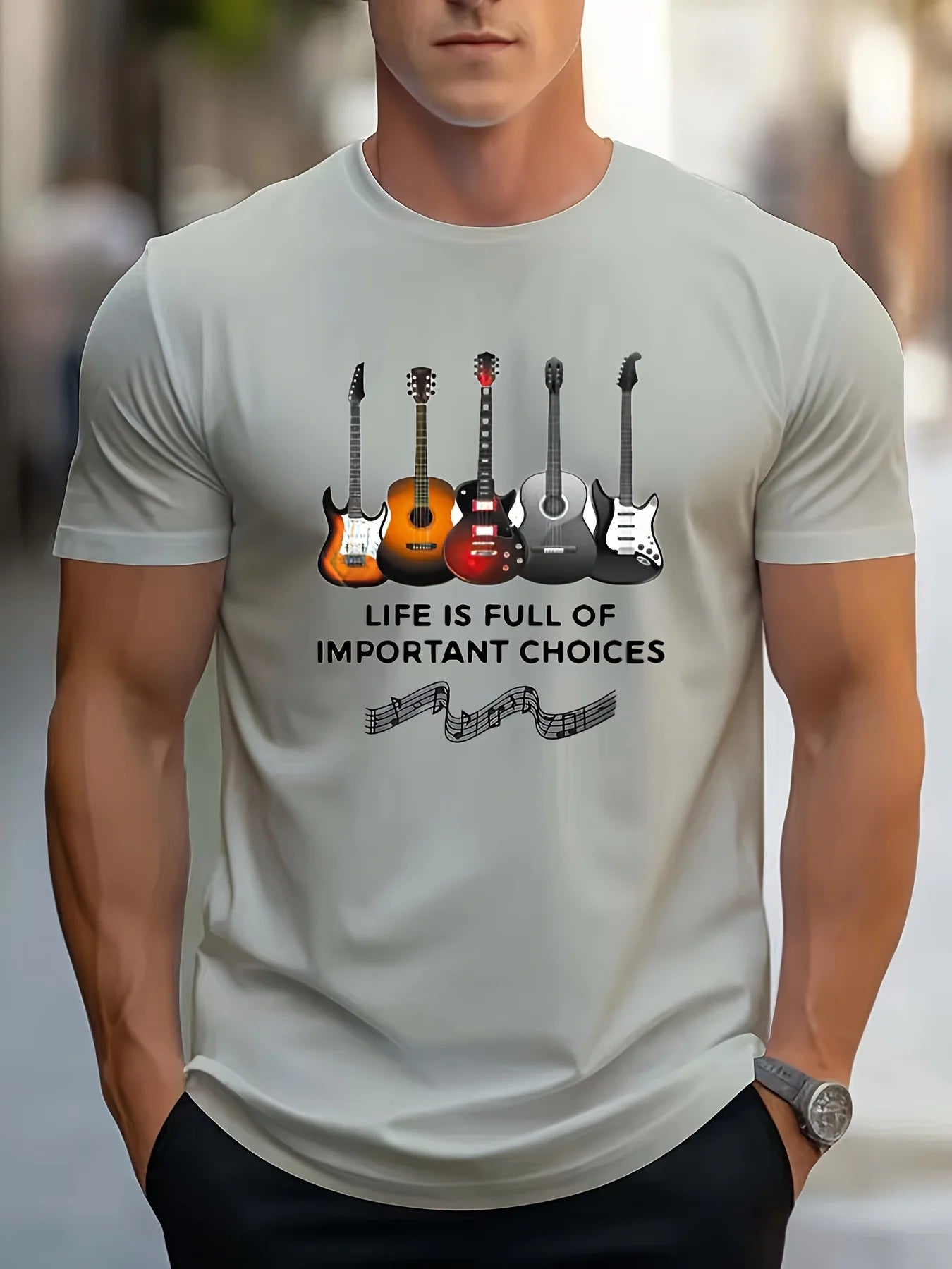 Men's Fashion Printed Guitar and Note Patterns and Letter Printed Round-neck Short-sleeved Casual T-shirt