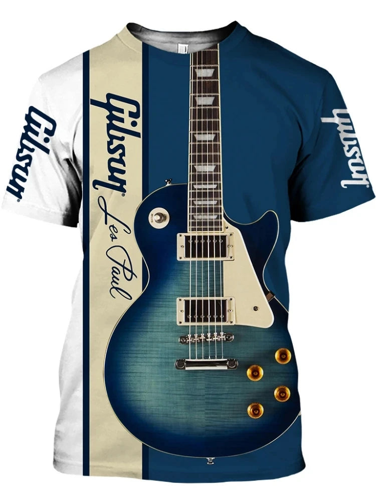 Summer New Men's T-shirt 3D Printed Pattern Electric Guitar Harajuku T-shirt Casual Short sleeved Top Street Fashion