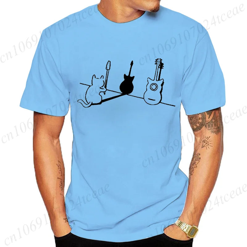 T Shirt for Women Men Cat and Guitar Funny Design Tops Soft Unisex O-neck T-shirts Clothes T-Shirts Women Tops Fashion T-Shirts