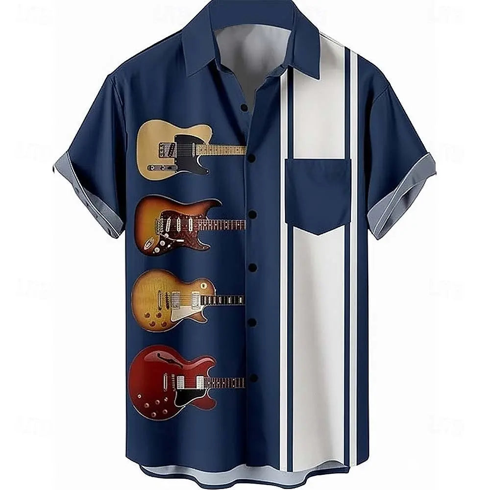 Men's Guitar Musical Notes Shirt Button Up Shirt Short Sleeve Fashion Casual Daily Music Festival Summer Shirts Front One Pocket