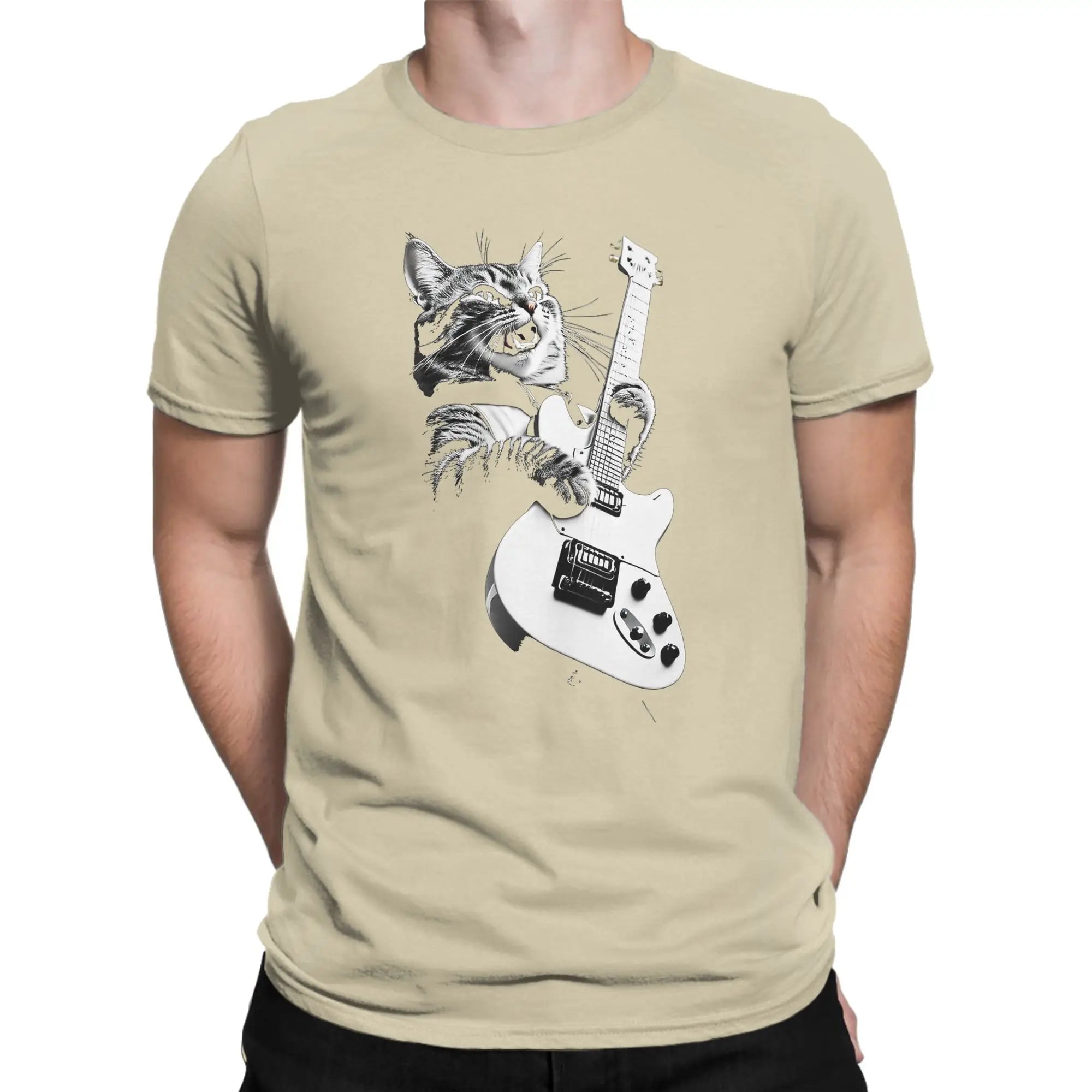 Men T-Shirts Cat Guitar  Leisure 100% Cotton Tee Shirt Short Sleeve  T Shirts Crew Neck Tops Printing