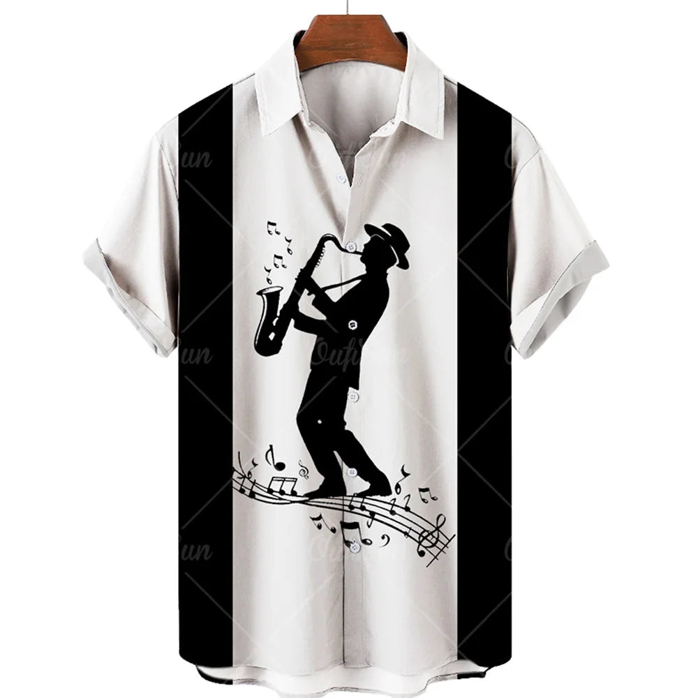 Hawaiian Shirt With Musical Guitar Print For Men, Party Short Sleeve Beach, Hip Hop, Harajuku, Large Size Top